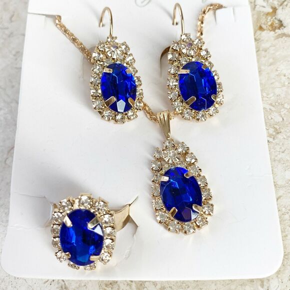 Blue Oval Jewelry SET Drop Earrings Necklace Adjustable Ring Gold NEW - Picture 3 of 10